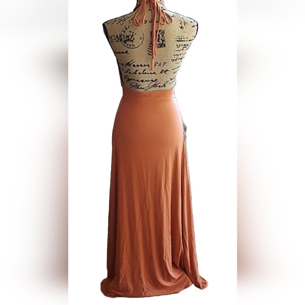 SKY BRAND WOMEN'S ORANGE HALTER LONG MAXI DRESS JEWELED TIGER RHINESTONES SZ S - Picture 10 of 13